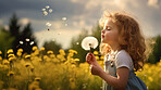 Girl with dandelions in a sunny flower meadow. Seasonal outdoor activities for children