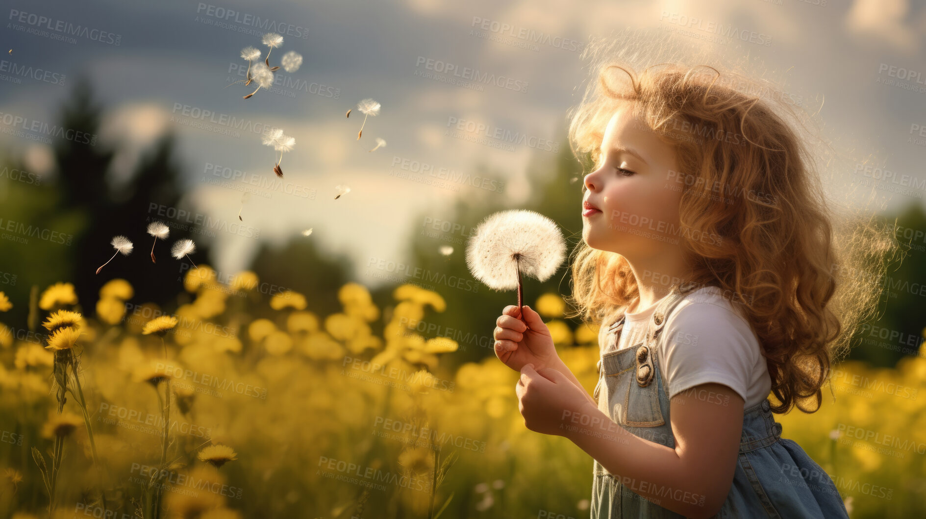 Buy stock photo Girl with dandelions in a sunny flower meadow. Seasonal outdoor activities for children