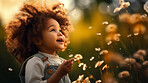 Girl with dandelions in a sunny flower meadow. Seasonal outdoor activities for children