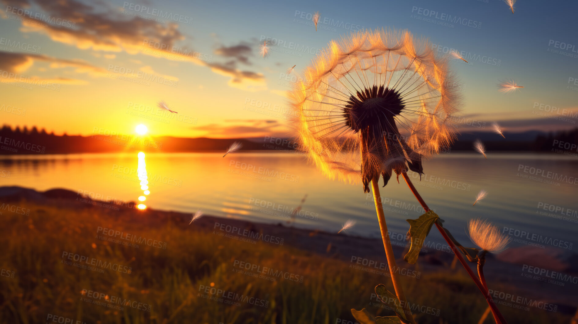 Buy stock photo Dandelion seeds blowing in the wind. Change, growth, movement and direction concept