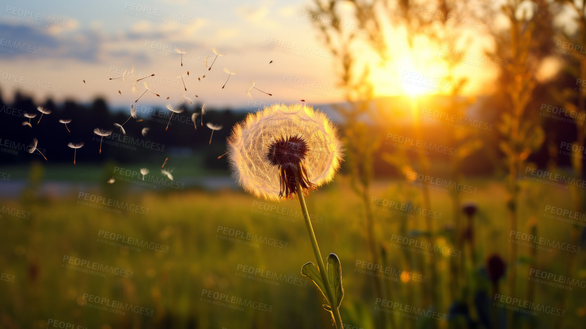 Buy stock photo Dandelion seeds blowing in the wind. Change, growth, movement and direction concept