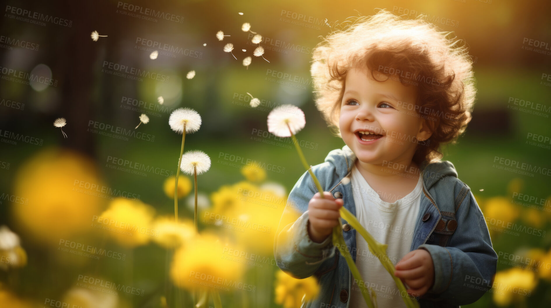 Buy stock photo Boy with dandelions in a sunny flower meadow. Seasonal outdoor activities for children