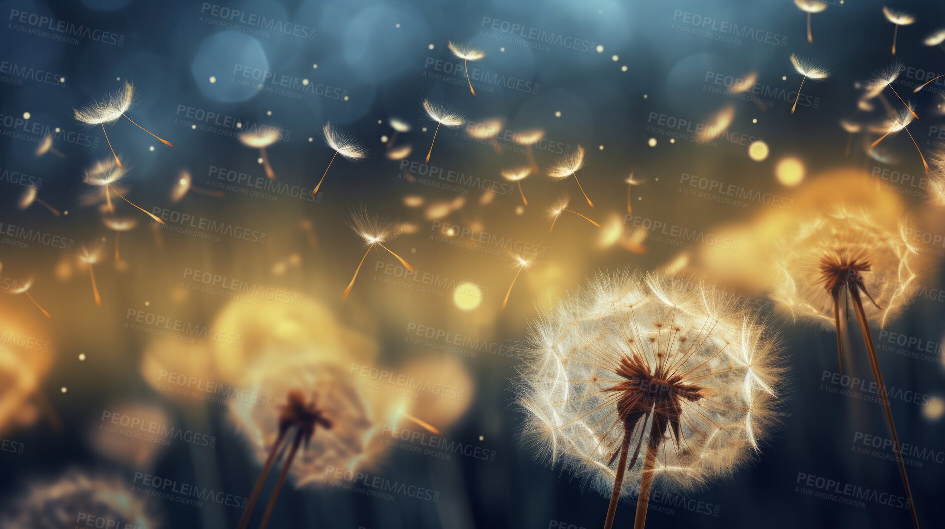 Buy stock photo Dandelion seeds blowing in the wind. Change, growth, movement and direction concept