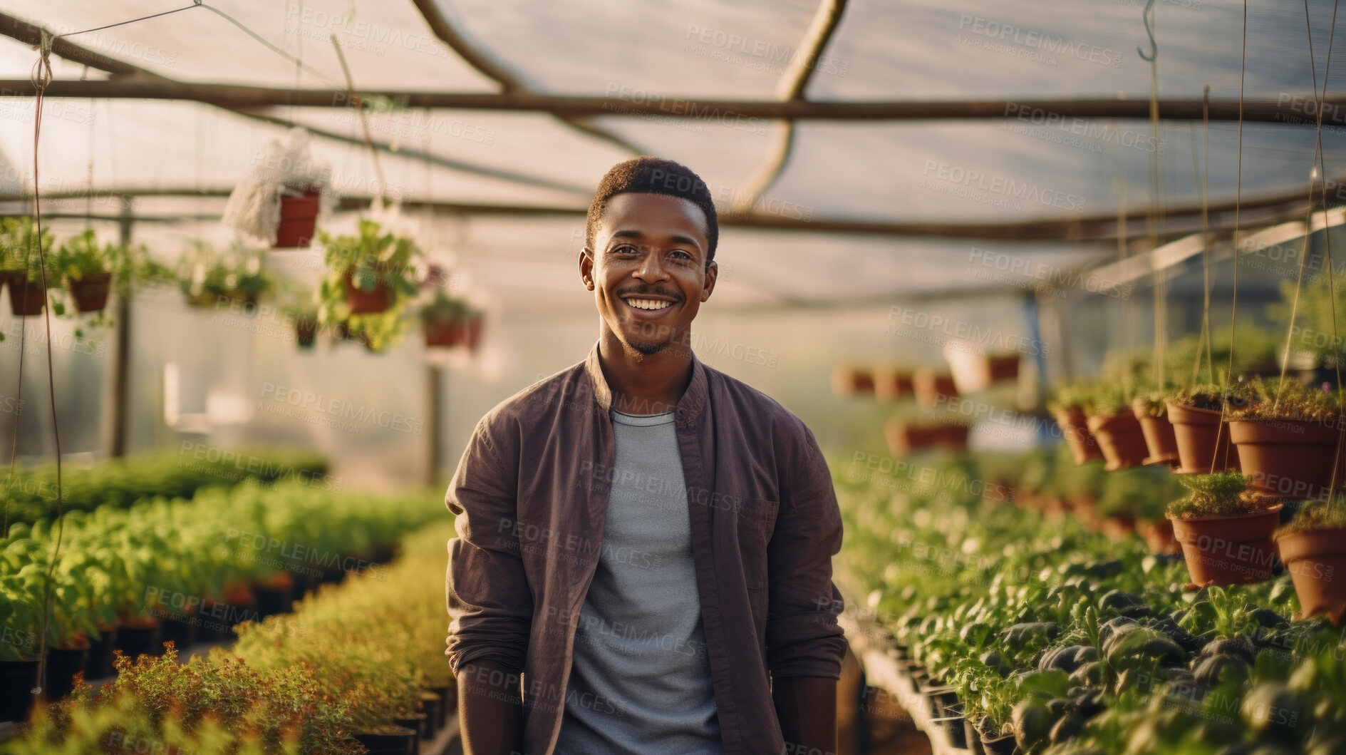 Buy stock photo Portrait of young african male farmer or small business owner at plant nursery