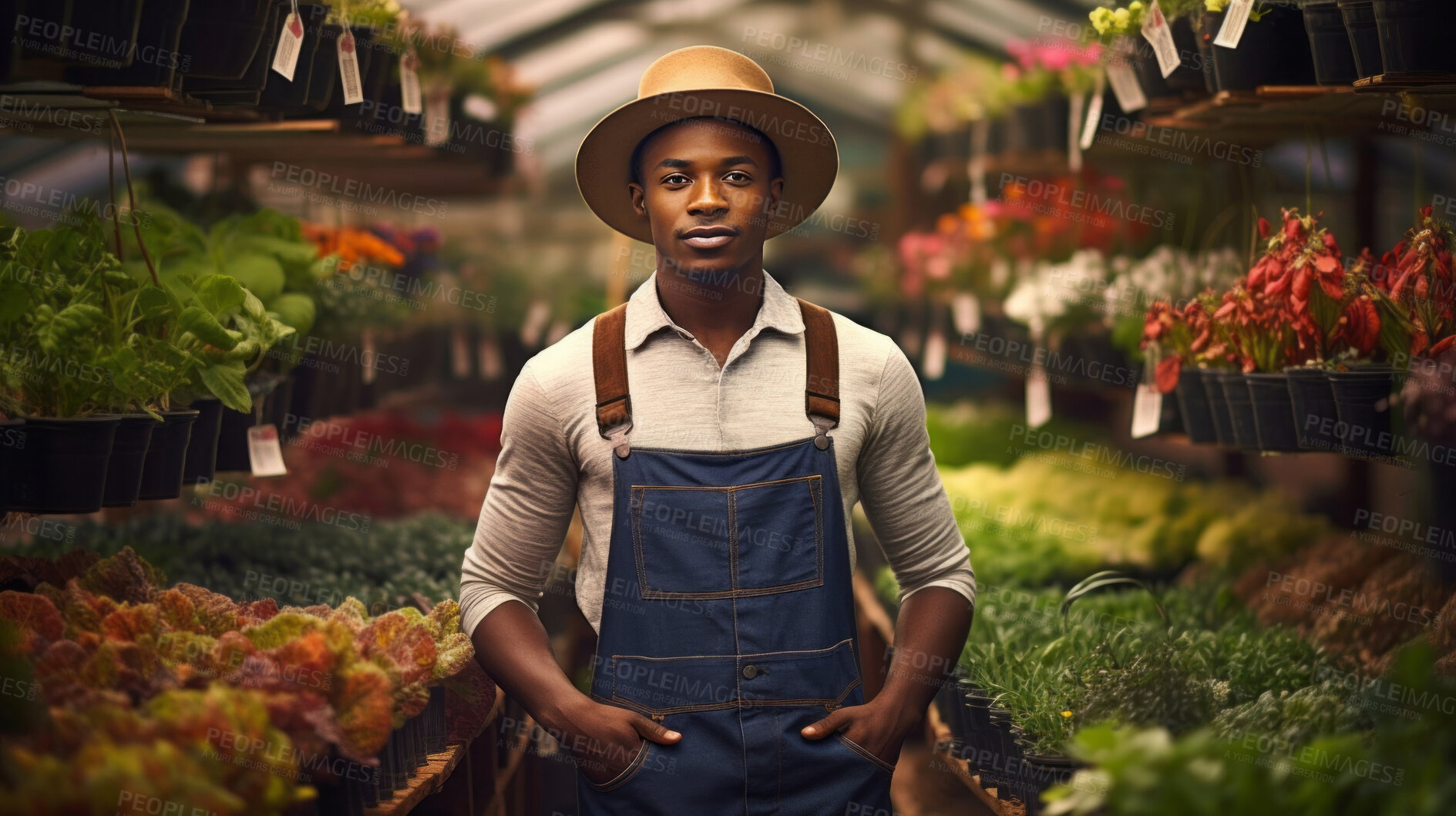 Buy stock photo Portrait of young african male farmer or small business owner at plant nursery