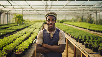 Buy stock photo Portrait of young african male farmer or small business owner at plant nursery