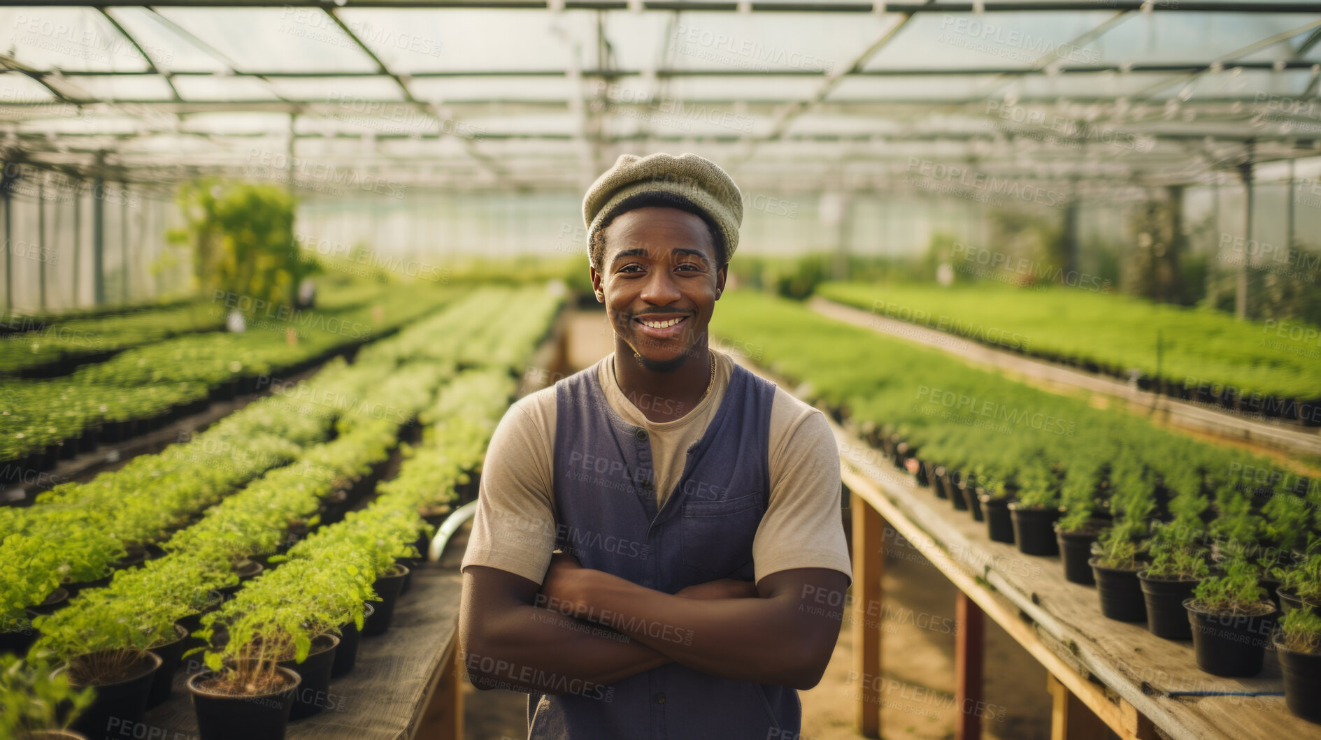 Buy stock photo Portrait of young african male farmer or small business owner at plant nursery