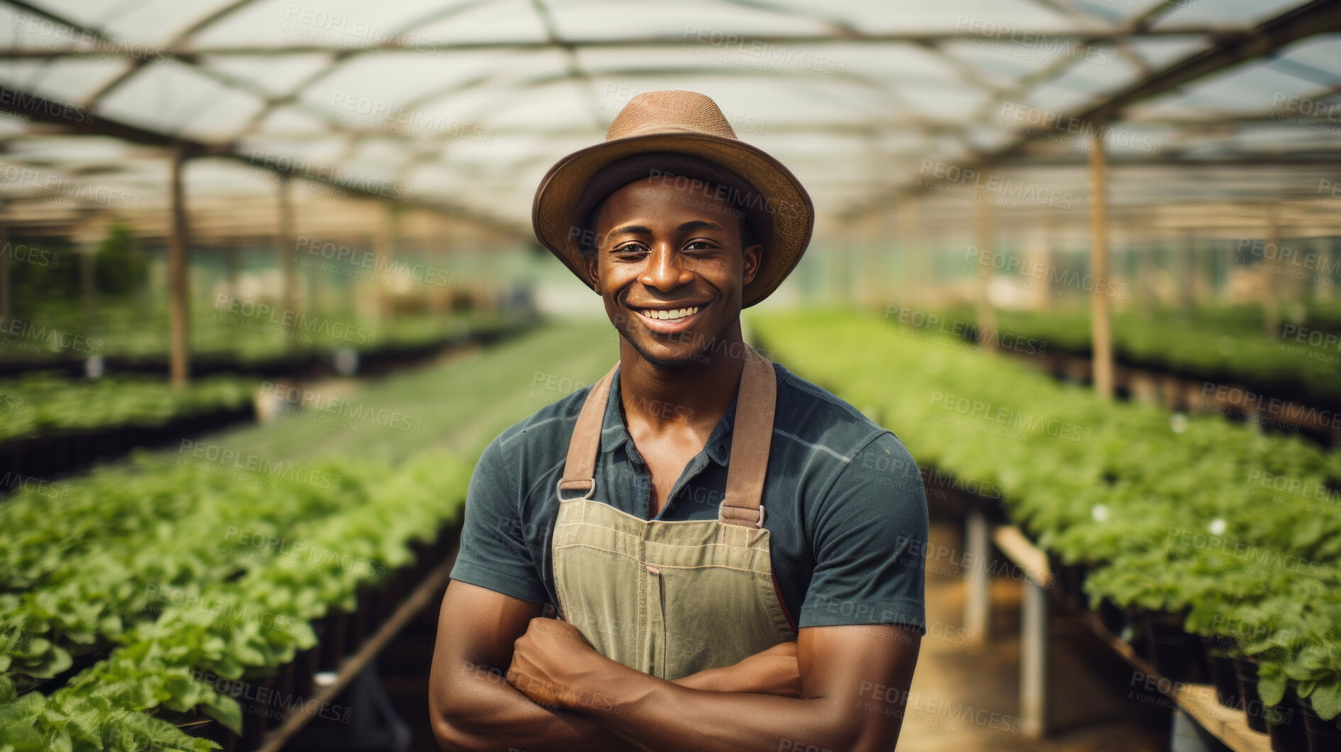 Buy stock photo Portrait of young african male farmer or small business owner at plant nursery