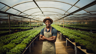 Buy stock photo Portrait of young african male farmer or small business owner at plant nursery