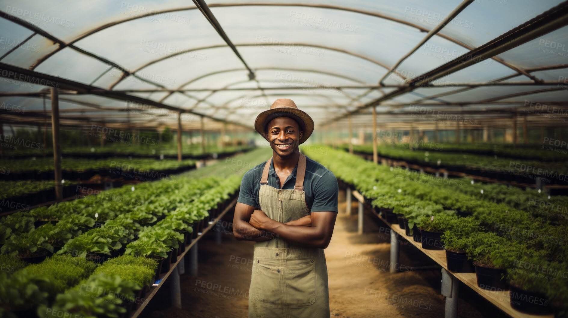 Buy stock photo Portrait of young african male farmer or small business owner at plant nursery