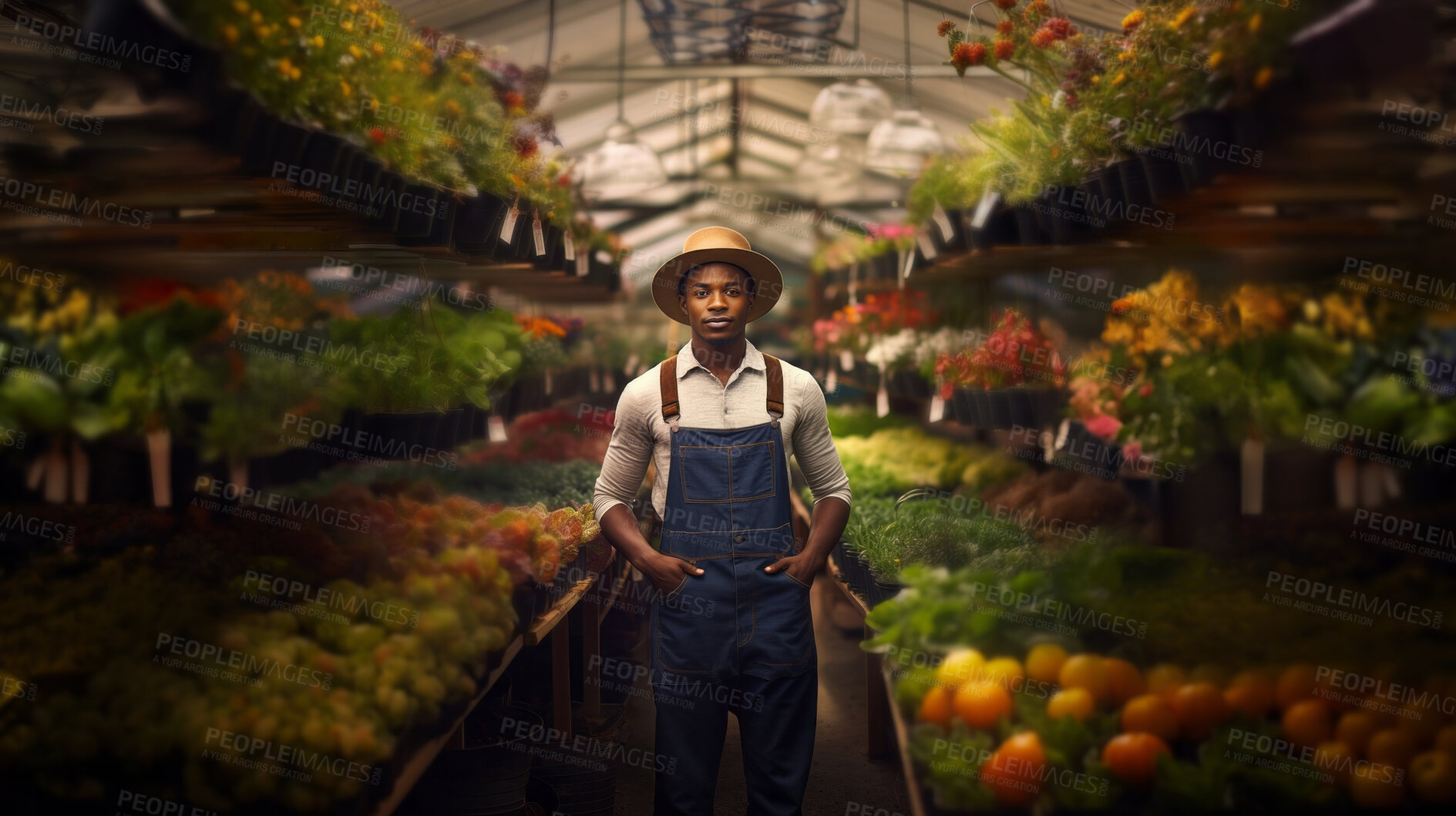 Buy stock photo Portrait of young african male farmer or small business owner at plant nursery