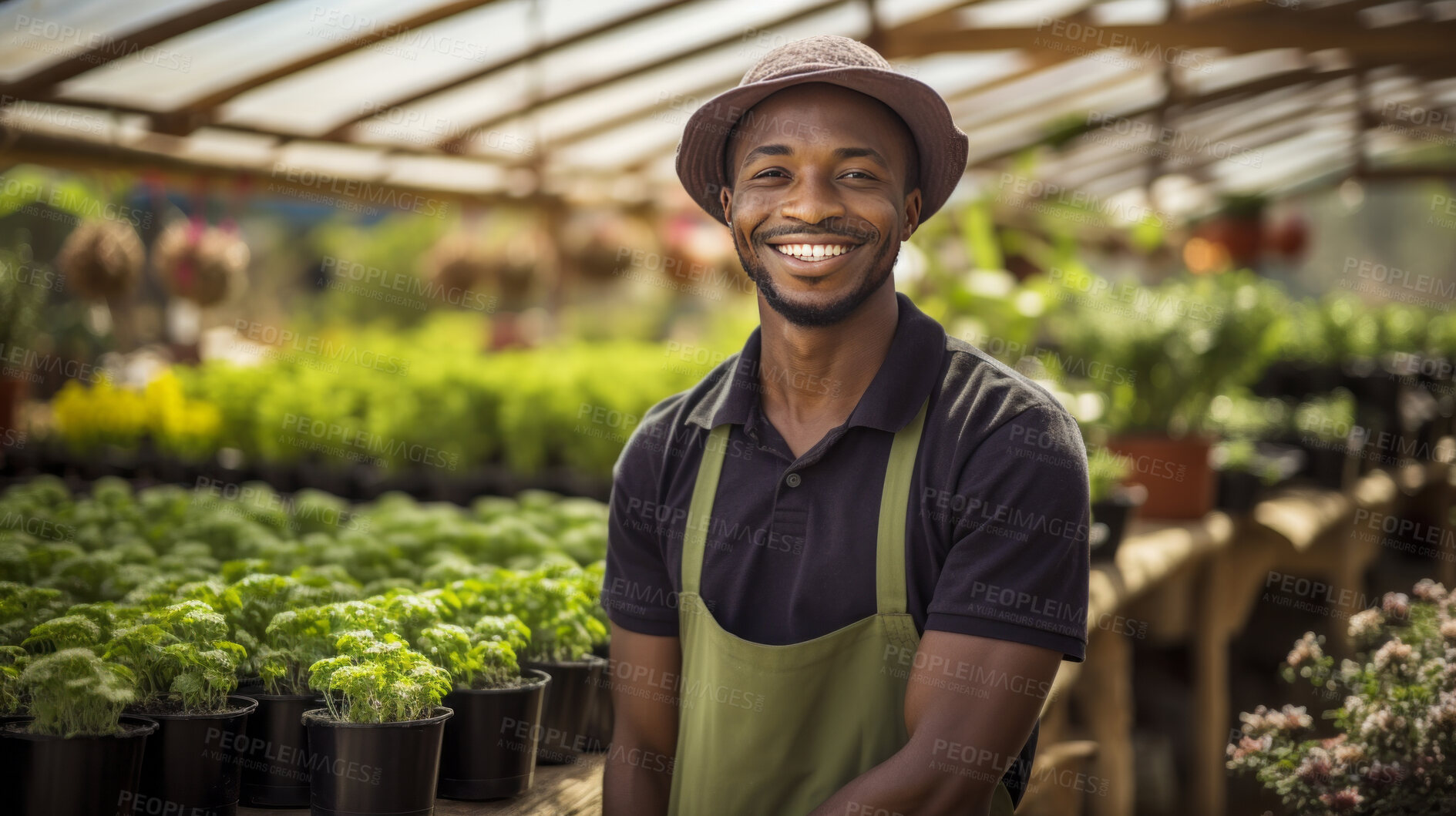 Buy stock photo Portrait of young african male farmer or small business owner at plant nursery