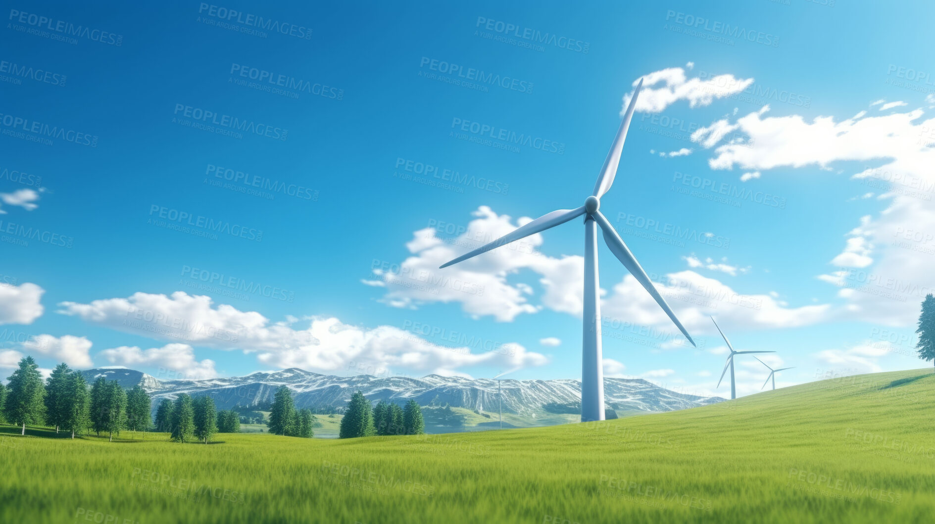 Buy stock photo Wind turbine in the field, Sunny Green Landscape. Sustainable clean energy concept