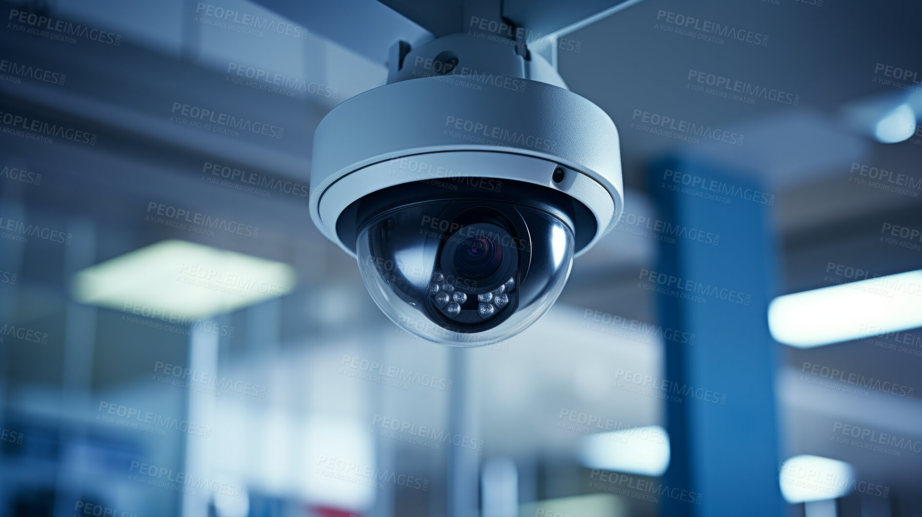 Buy stock photo Surveillance camera close-up, Securing and observing the City crowd and traffic.