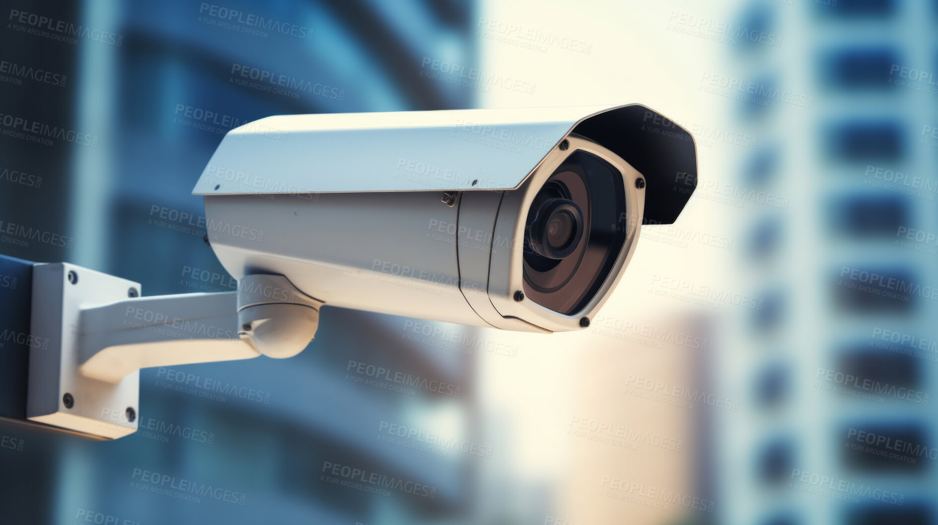 Buy stock photo Surveillance camera close-up, Securing and observing the City crowd and traffic.