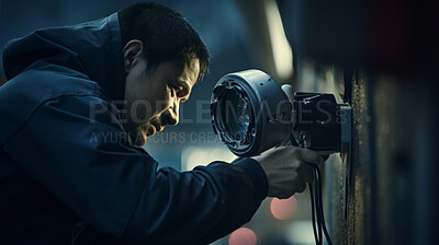 Man fixing surveillance camera close-up. Maintenance of security and safety technology