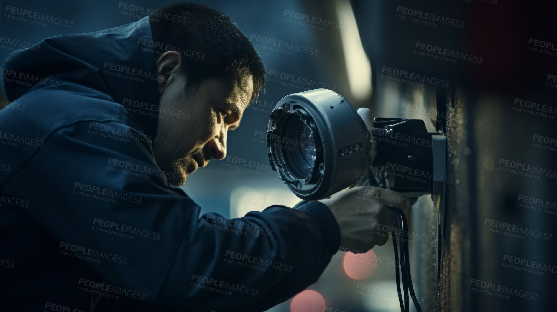 Buy stock photo Man fixing surveillance camera close-up. Maintenance of security and safety technology