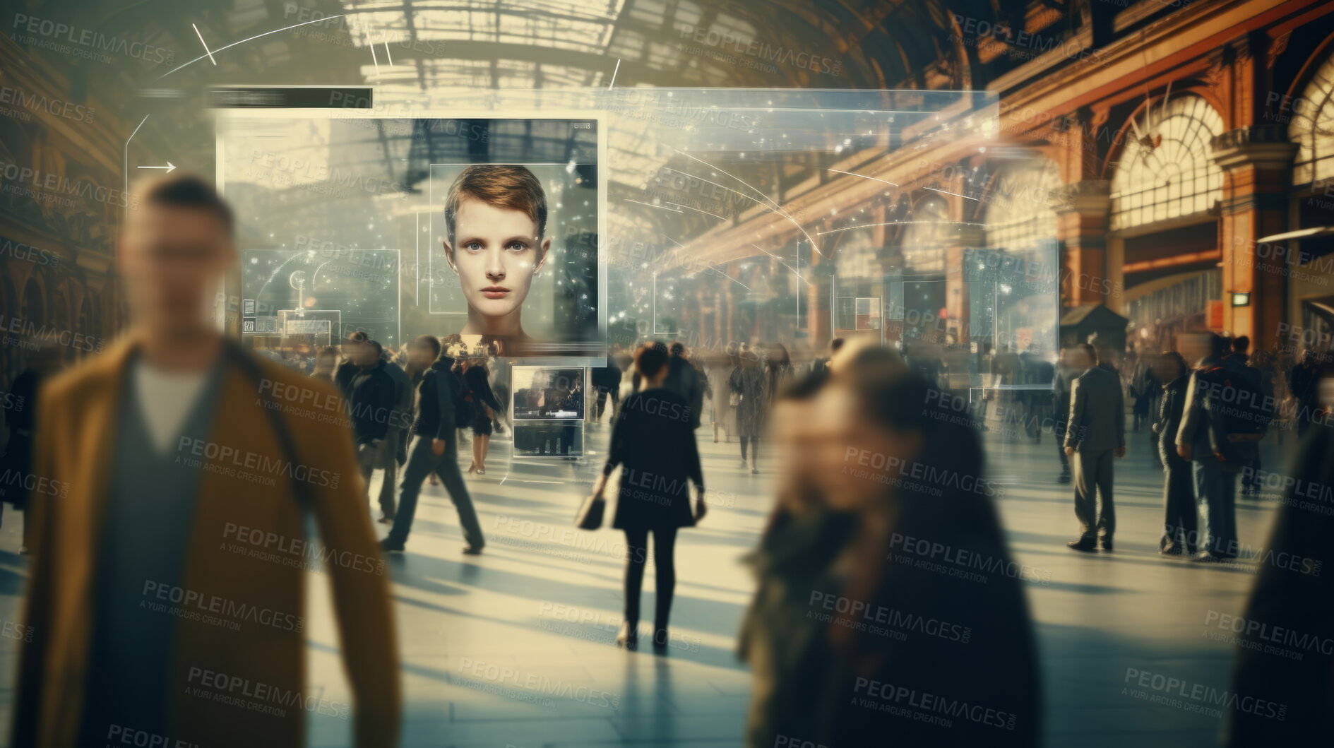 Buy stock photo Crowd tracking by surveillance camera. Facial recognition and personal identification