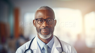 Buy stock photo Portrait of male African American doctor standing in a hospital