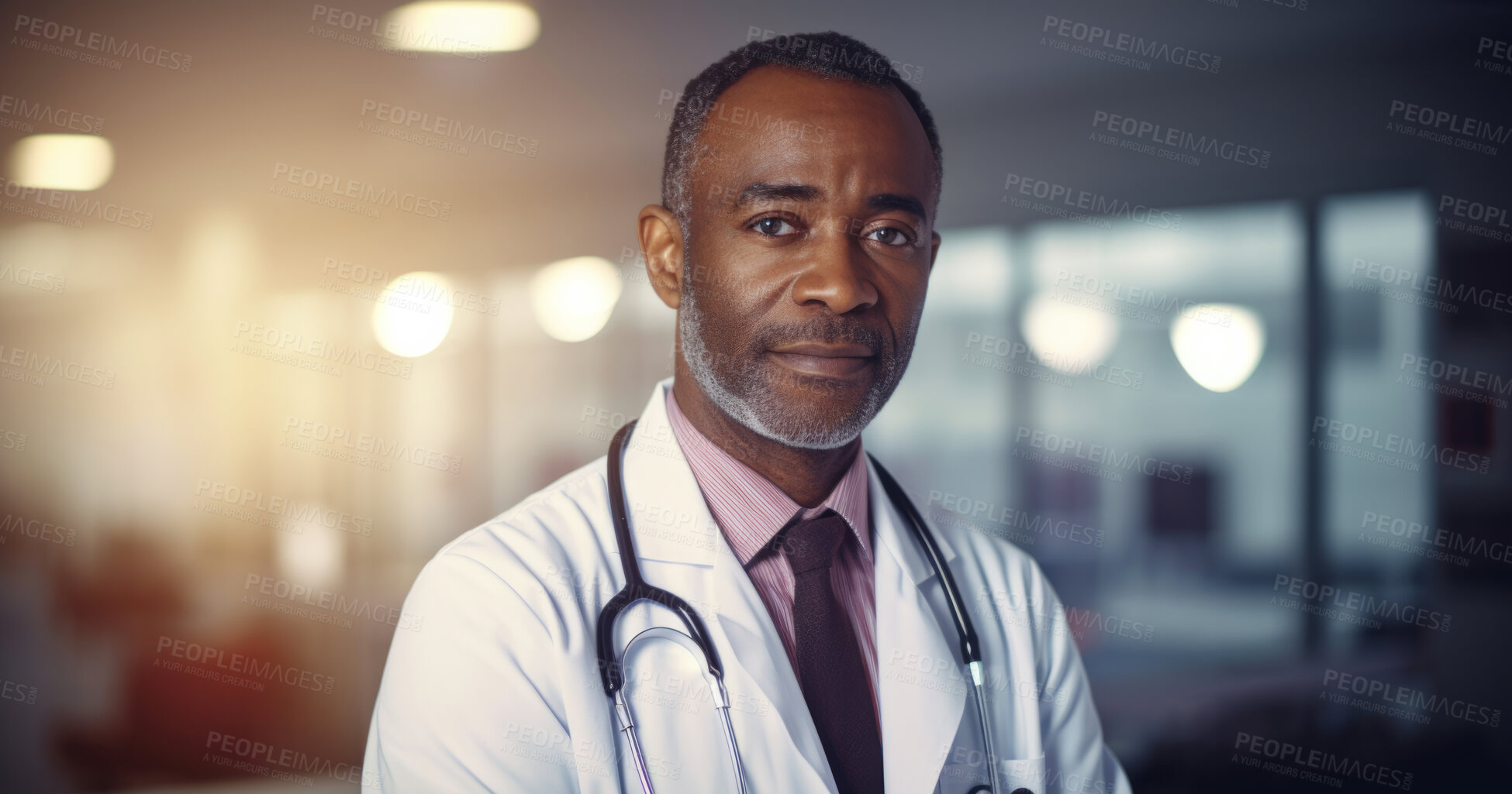 Buy stock photo Portrait of male African American doctor standing in a hospital at night for night shift