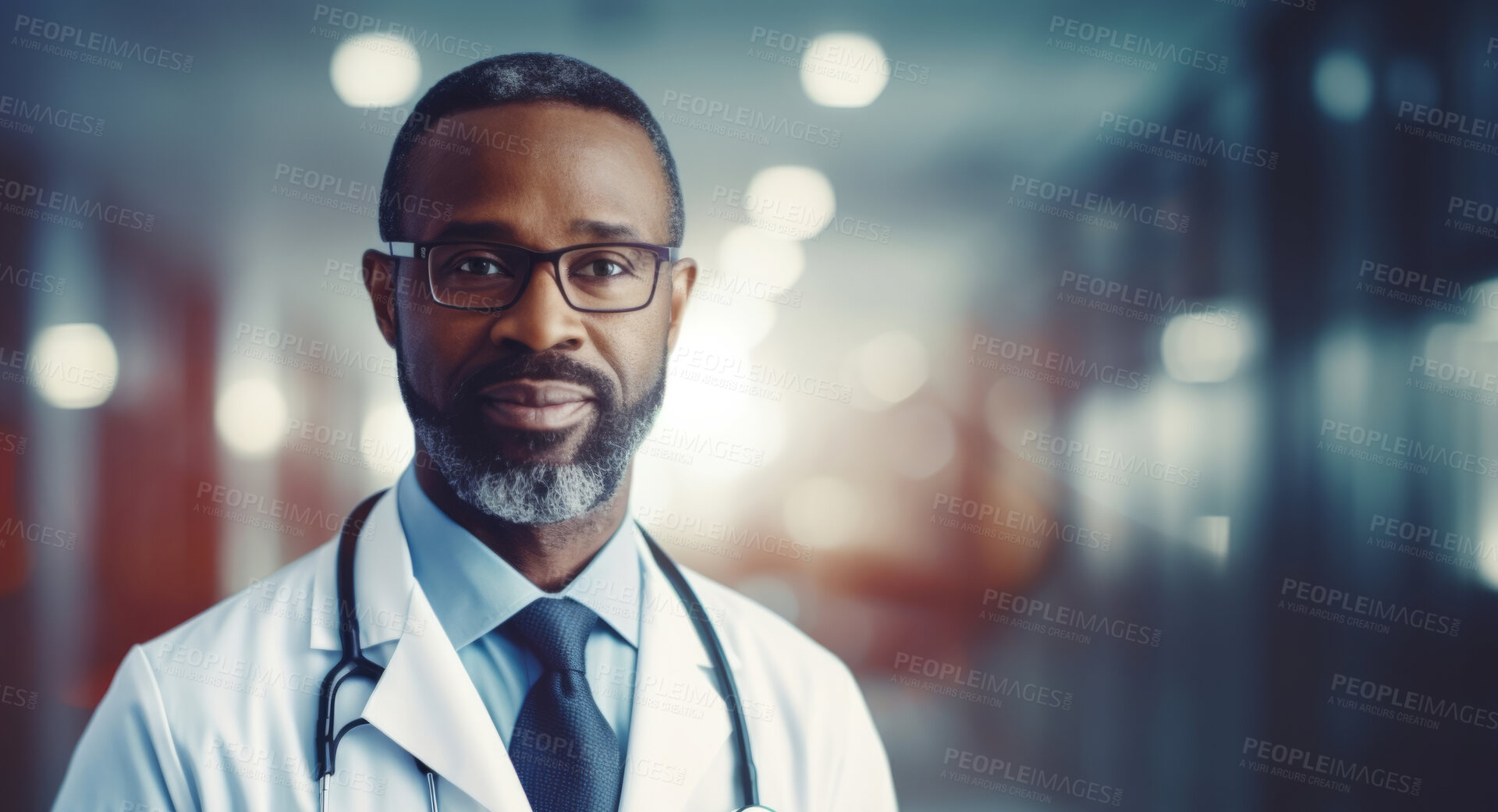Buy stock photo Portrait of male African American doctor standing in a hospital at night for night shift