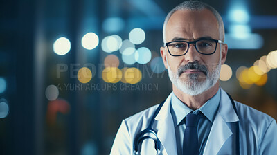 Buy stock photo Portrait of male doctor standing in a hospital at night for night shift
