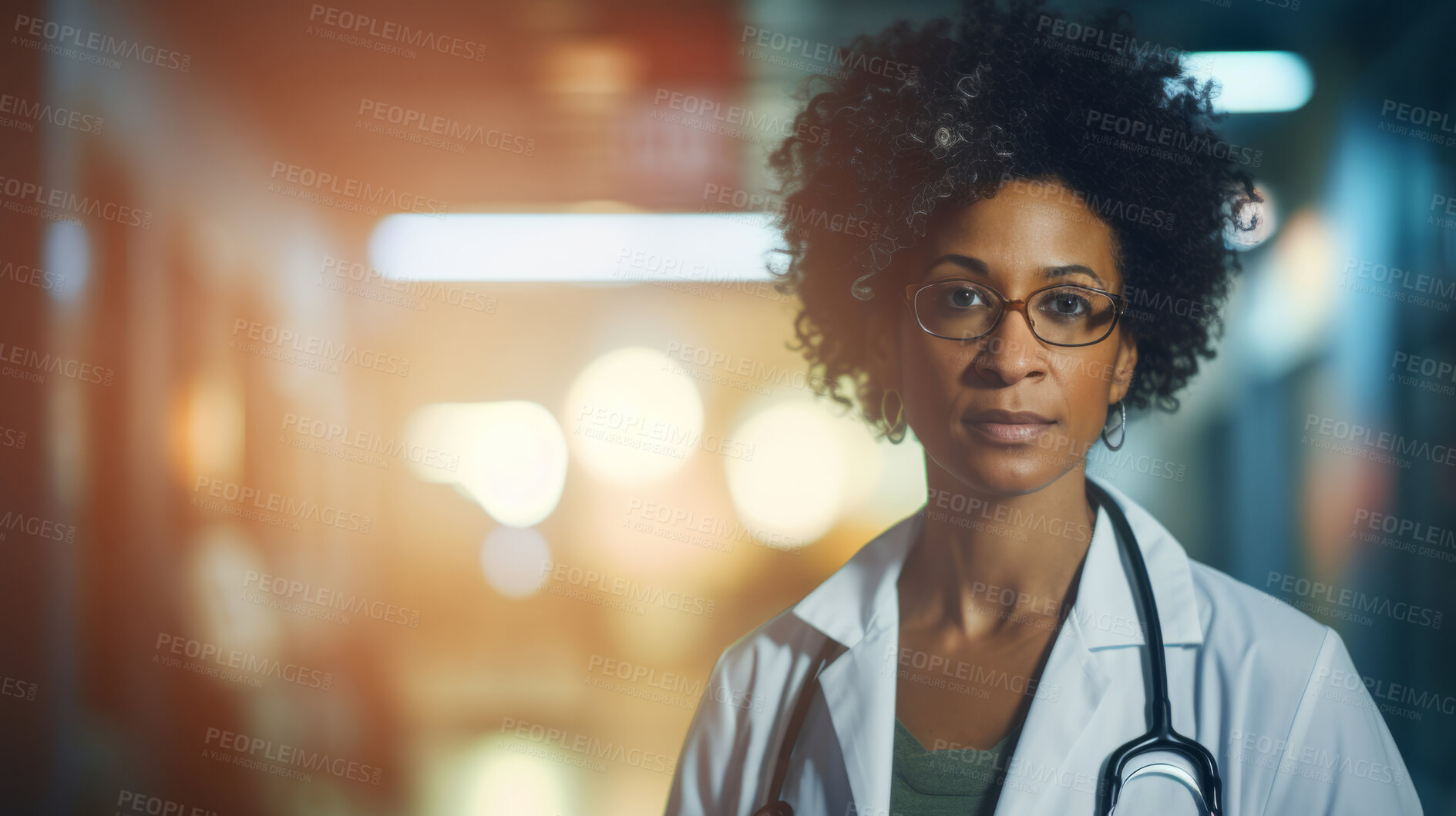 Buy stock photo Portrait of female African American doctor standing in a hospital at night for night shift