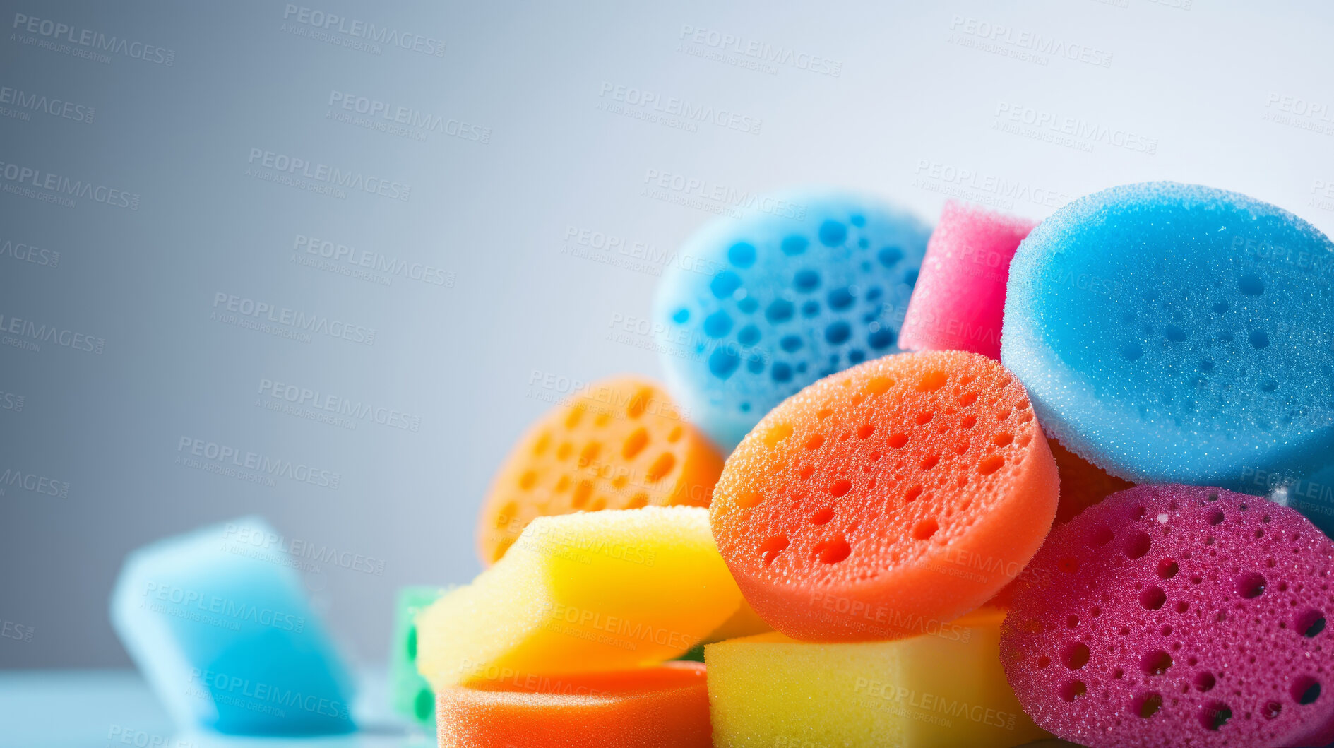 Buy stock photo Stack of colorful sponges. Clean home and kitchen copyspace background