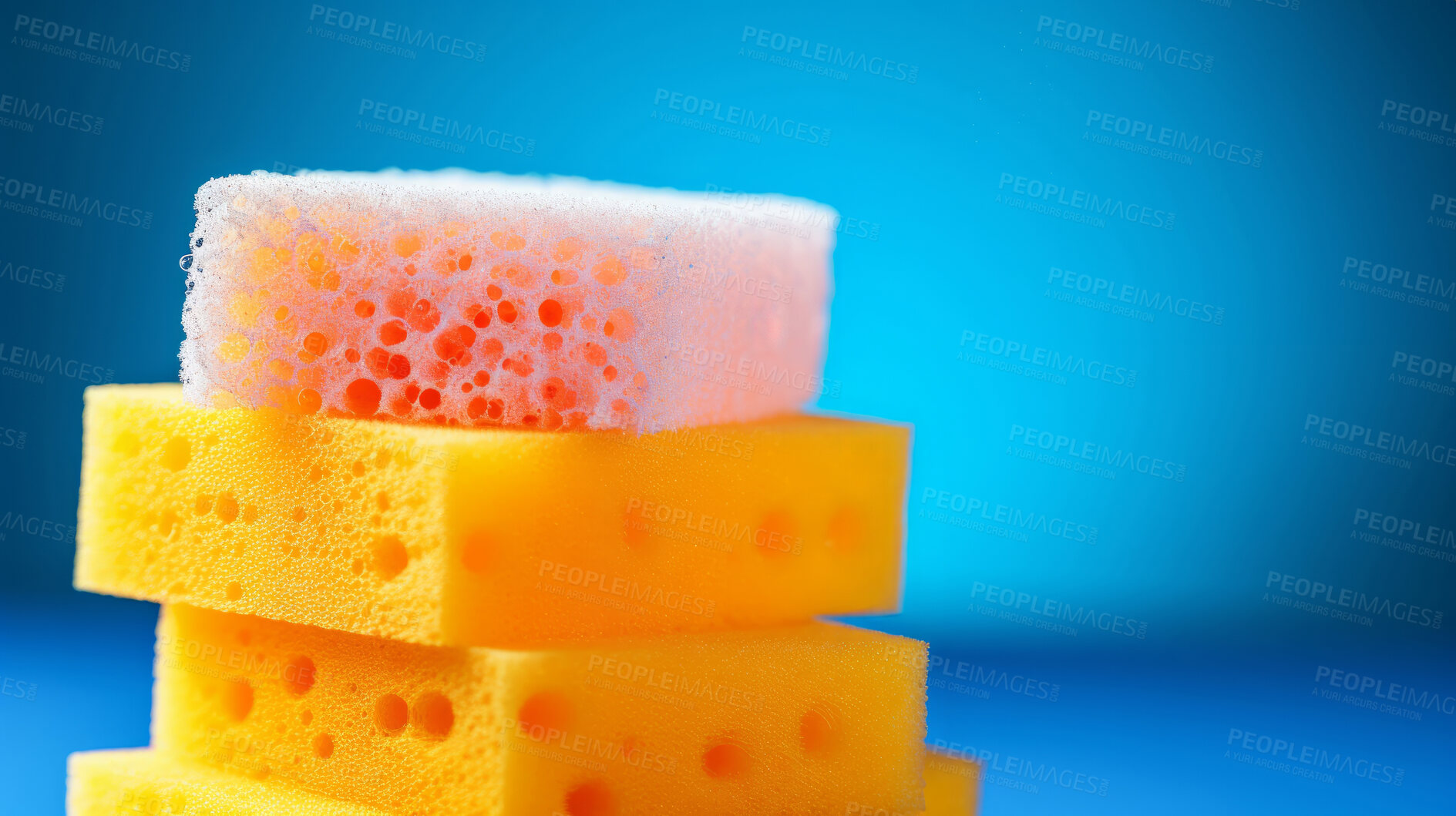 Buy stock photo Stack of colorful sponges. Clean home and kitchen copyspace background