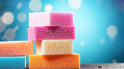 Buy stock photo Stack of colorful sponges. Clean home and kitchen copyspace background