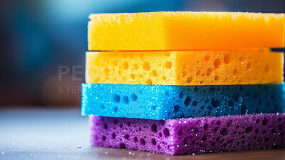 Buy stock photo Stack of colorful sponges. Clean home and kitchen copyspace background