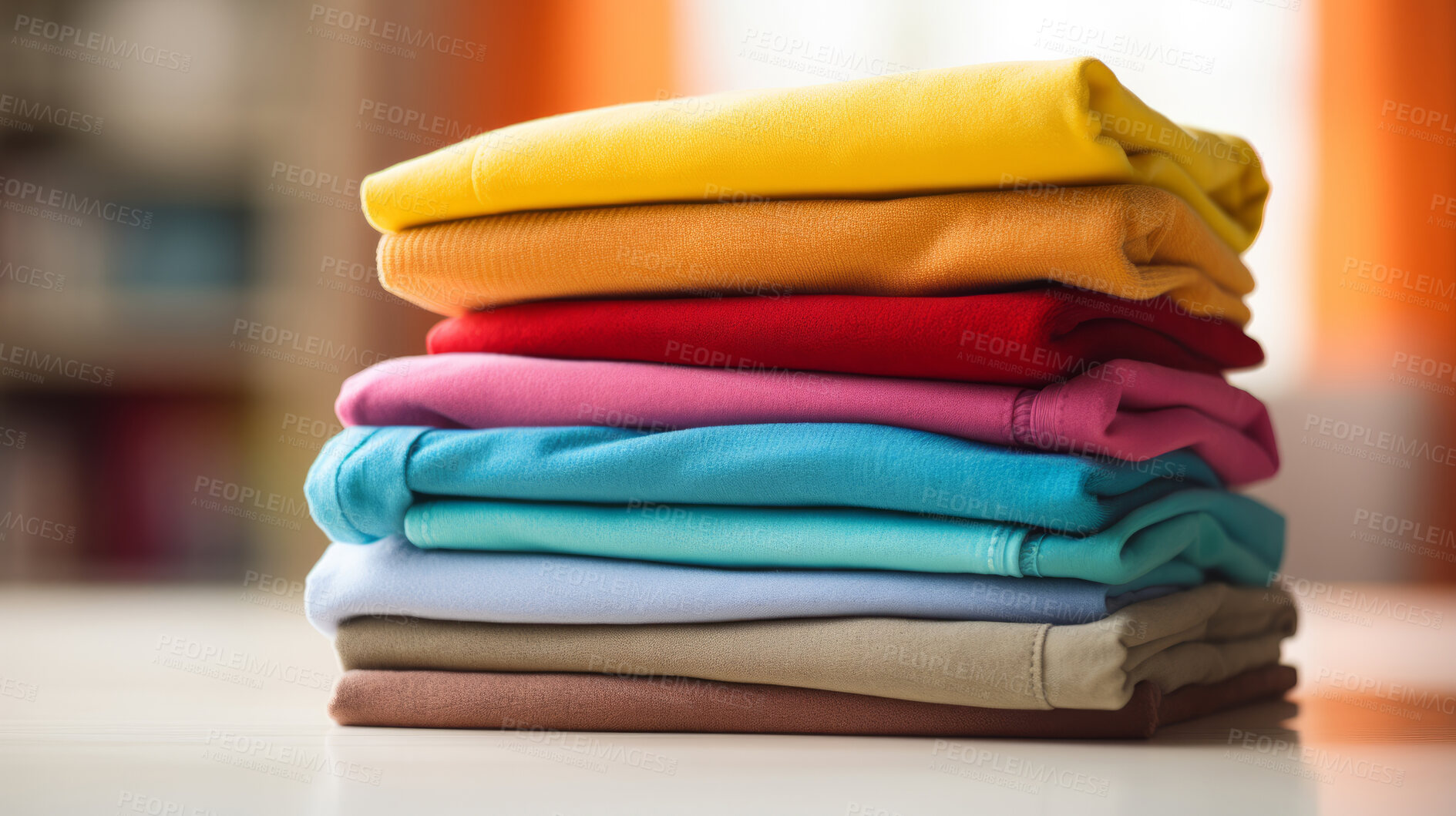 Buy stock photo Stack of colorful folded clothing items. Clean laundry copyspace background