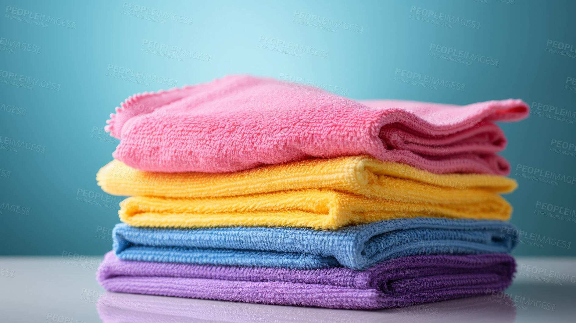 Buy stock photo Stack of colorful folded clothing items. Clean laundry copyspace background