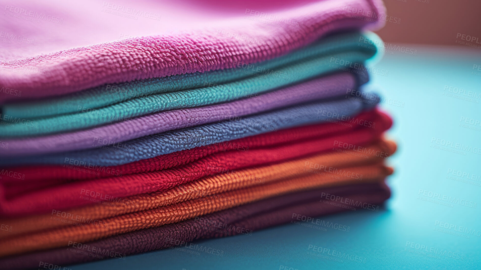 Buy stock photo Stack of colorful folded clothing items. Clean laundry copyspace background