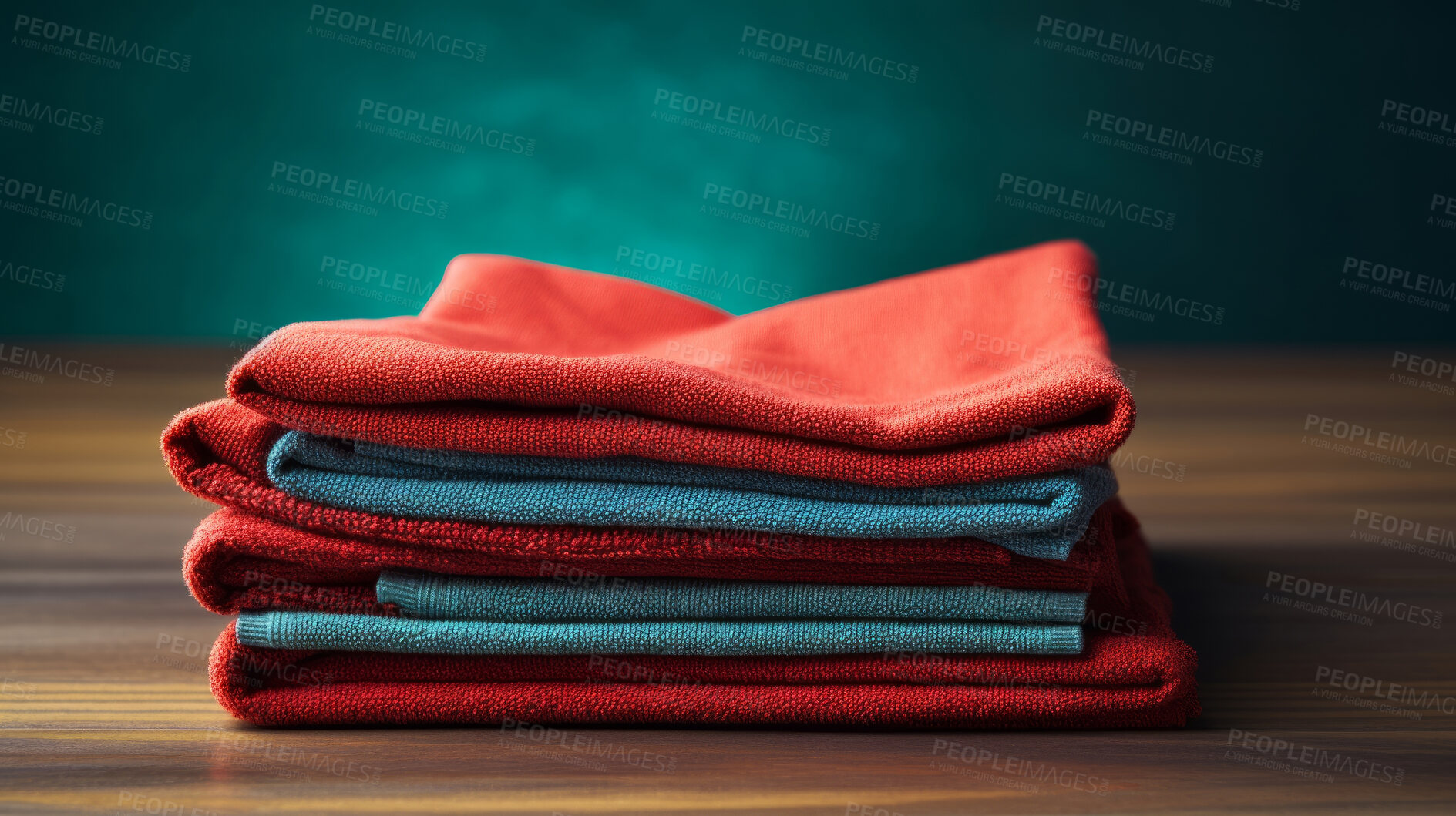 Buy stock photo Stack of colorful folded clothing items. Clean laundry copyspace background