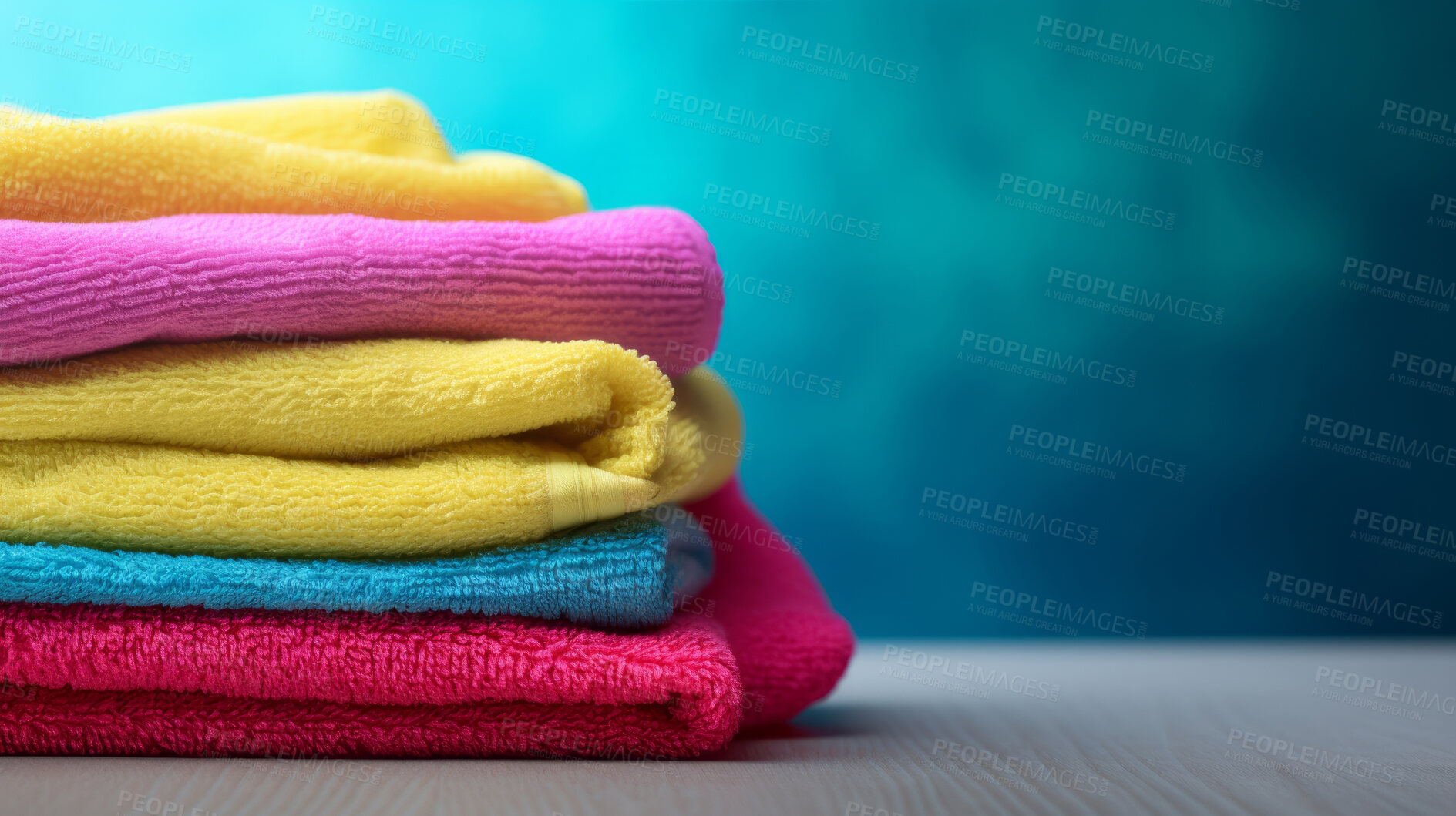 Buy stock photo Stack of colorful folded clothing items. Clean laundry copyspace background