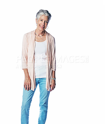 Buy stock photo Smile, casual portrait and senior woman with happiness isolated on white background. Health, wellness and happy old lady with real joy and pride in retirement fashion in studio with mockup.