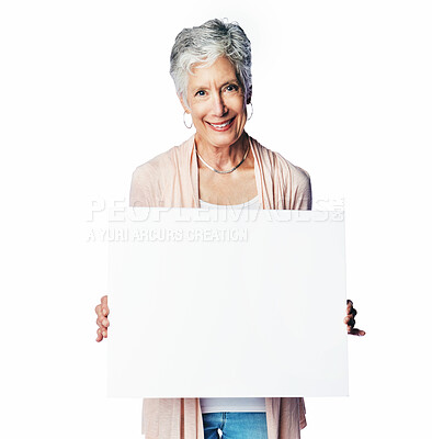 Buy stock photo Studio poster, portrait mockup and old woman with marketing placard, advertising banner or product placement. Mock up, billboard promotion sign and happy sales model isolated on white background