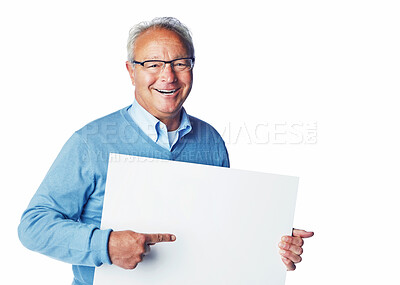 Buy stock photo Mockup portrait, poster or old man pointing at marketing placard, advertising banner or product placement. Studio mock up, billboard promotion sign or happy sales model isolated on white background