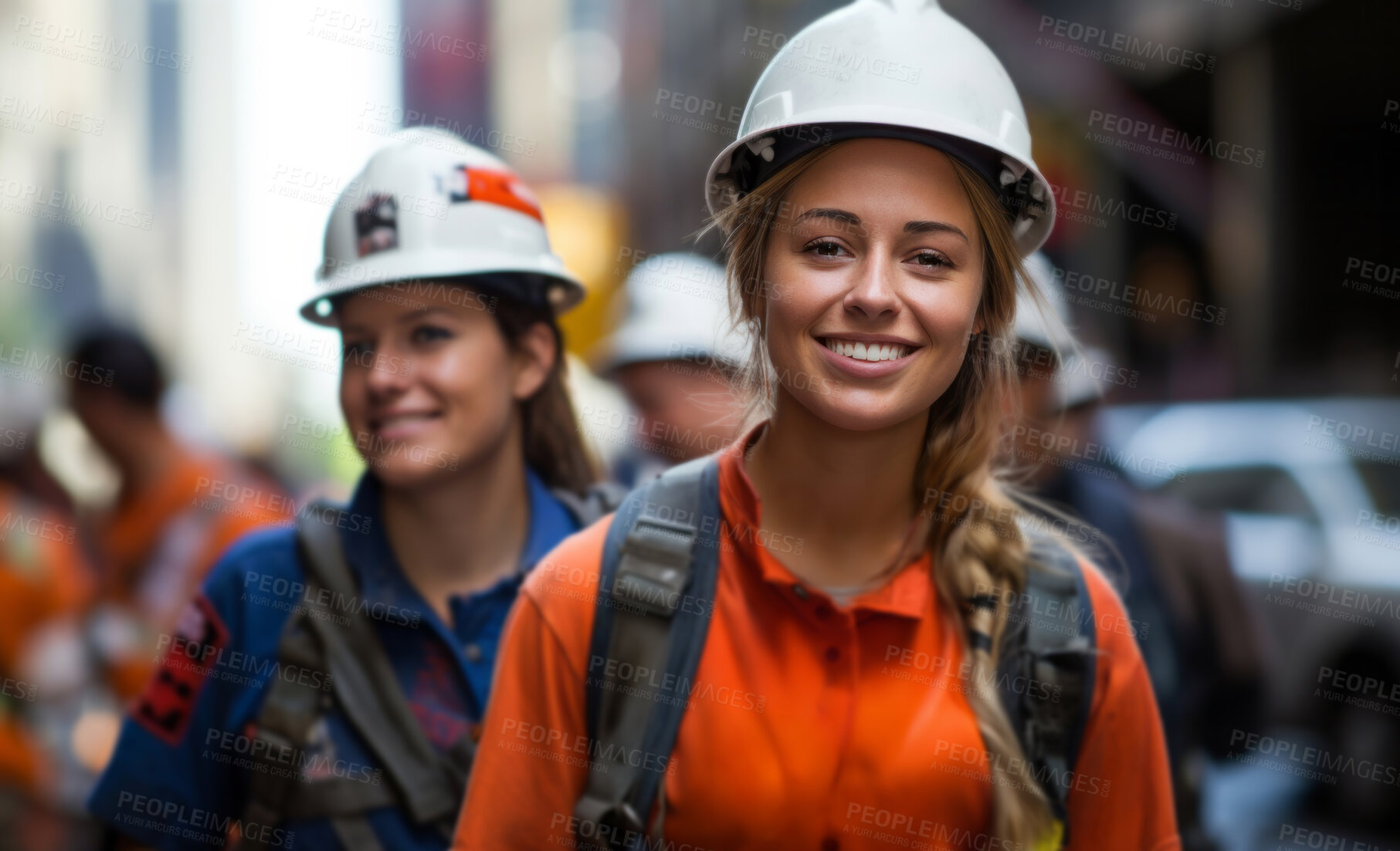Buy stock photo Professional woman engineers smiling on construction site. Female empowerment.
