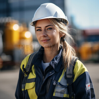 Buy stock photo Portrait of woman construction worker. Professional engineer or artisan. Female empowerment.