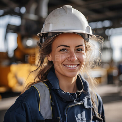 Buy stock photo Factory worker professional woman. Standing in factory. empowerment concept.