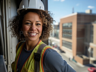 Buy stock photo Smiling construction Site professional woman. Standing on construction site.