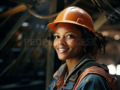 Buy stock photo Construction worker woman standing in factory. Happy at work. Empowerment concept.