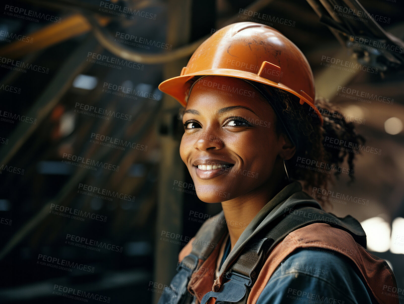 Buy stock photo Construction worker woman standing in factory. Happy at work. Empowerment concept.