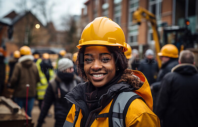 Buy stock photo Woman construction worker  standing at building site smiling. Empowerment concept.