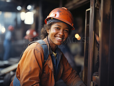 Buy stock photo Portrait of young woman construction worker. Happy at work. Women in