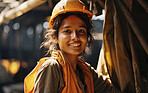 Young woman construction worker. Happy at work. Women in construction concept.