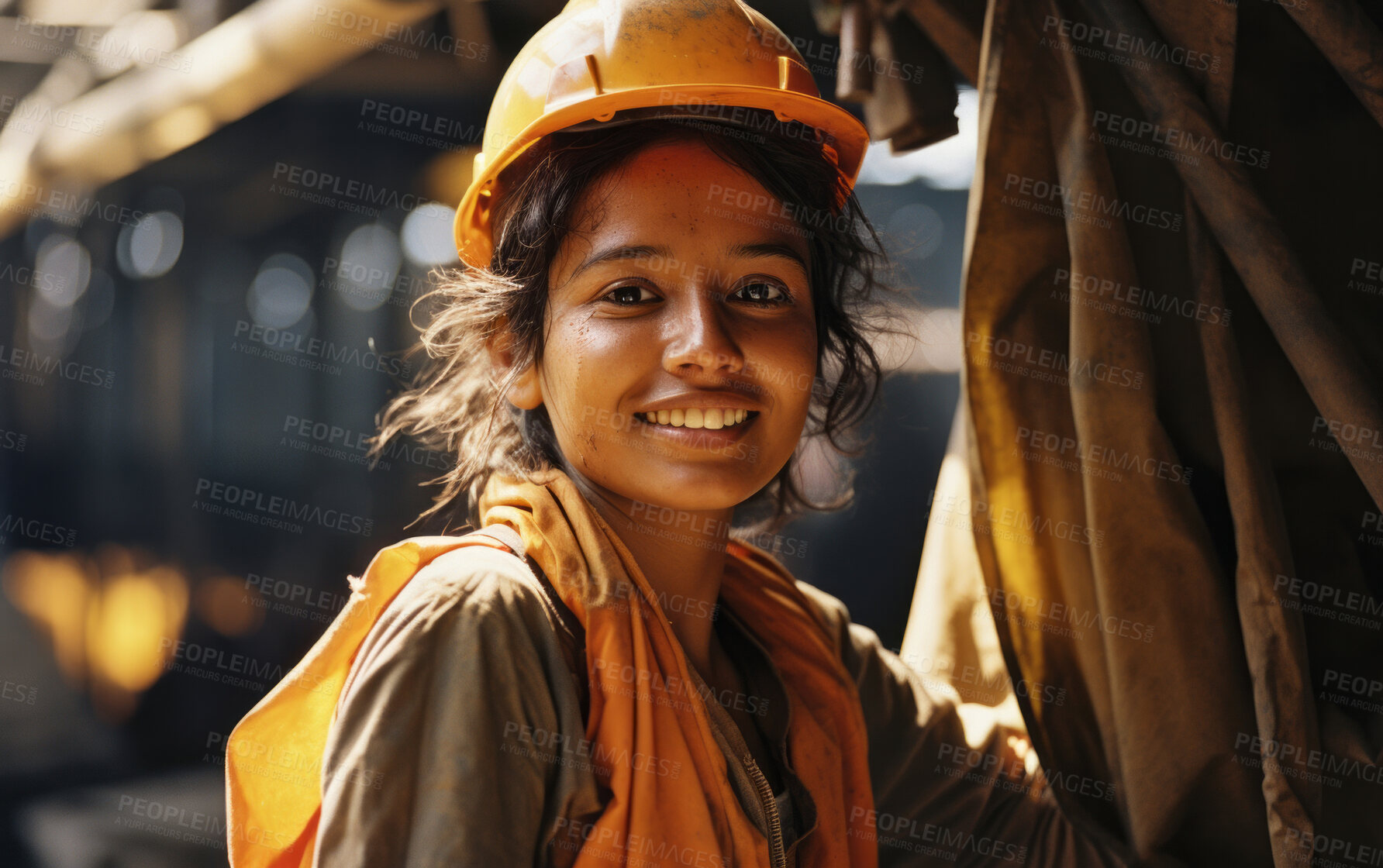 Buy stock photo Young woman construction worker. Happy at work. Women in construction concept.