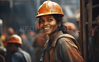Buy stock photo Young woman construction worker. Happy at work. Women in construction concept.
